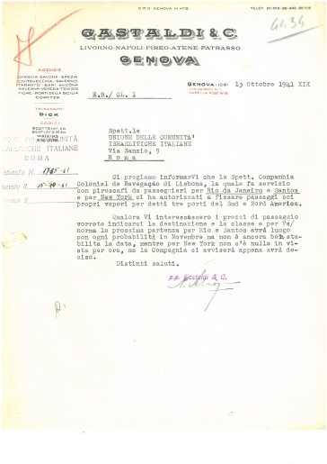 DELASEM. Notizie sui passaggi con la Companhia Colonial de Navigação di Lisbona per Rio De Janeiro e Santos: 13.10.1941